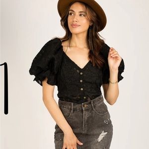 Mia Joy Livia Laced Top Bubble Sleeves in Black Size Varies